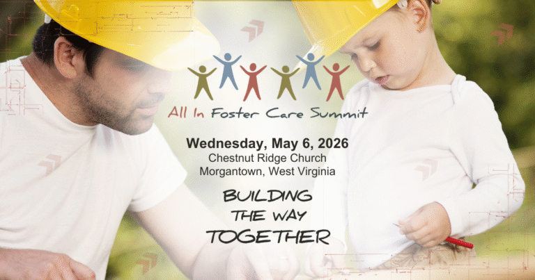Adult and child wearing construction helmets representing the 2026 Foster Care Summit WV, Building the Way Together, May 6 at Chestnut Ridge Church