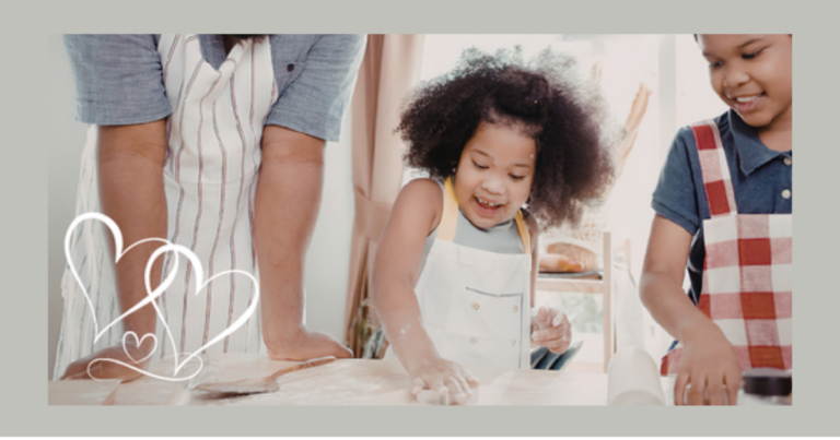 Adult guiding children while baking together, representing how churches walk alongside people as they grow into foster care ministry