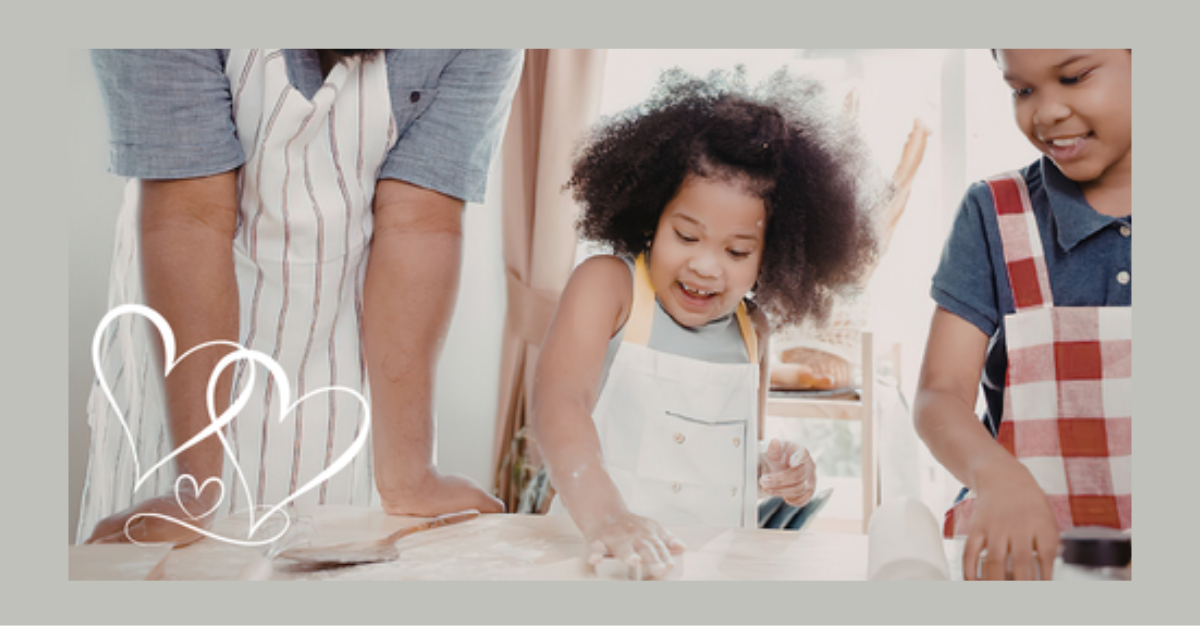Adult guiding children while baking together, representing how churches walk alongside people as they grow into foster care ministry